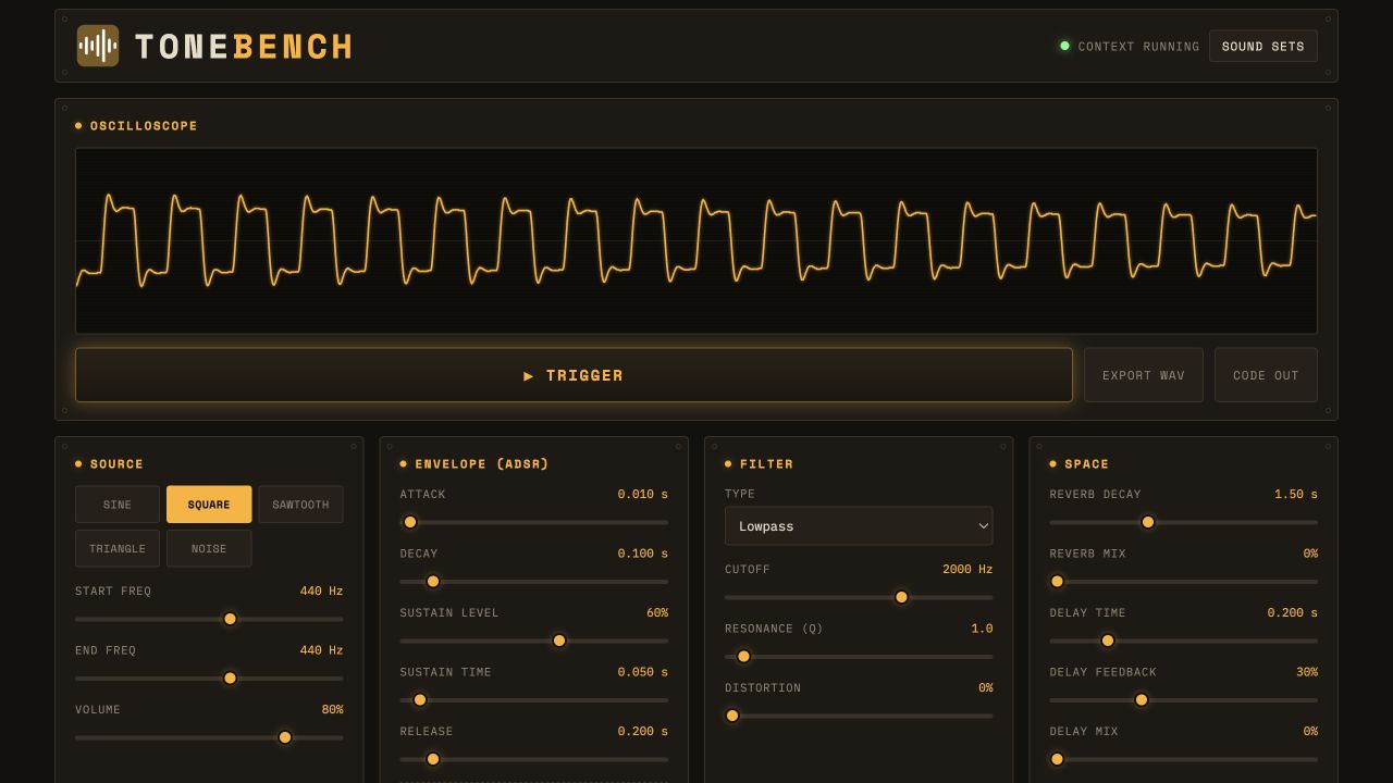 Tone Bench's oscilloscope and sound synthesis controls